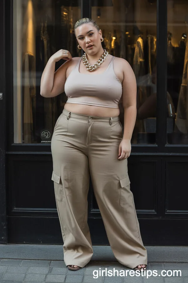 Beige High-Waist Cargo Pants with Nude Tube Top