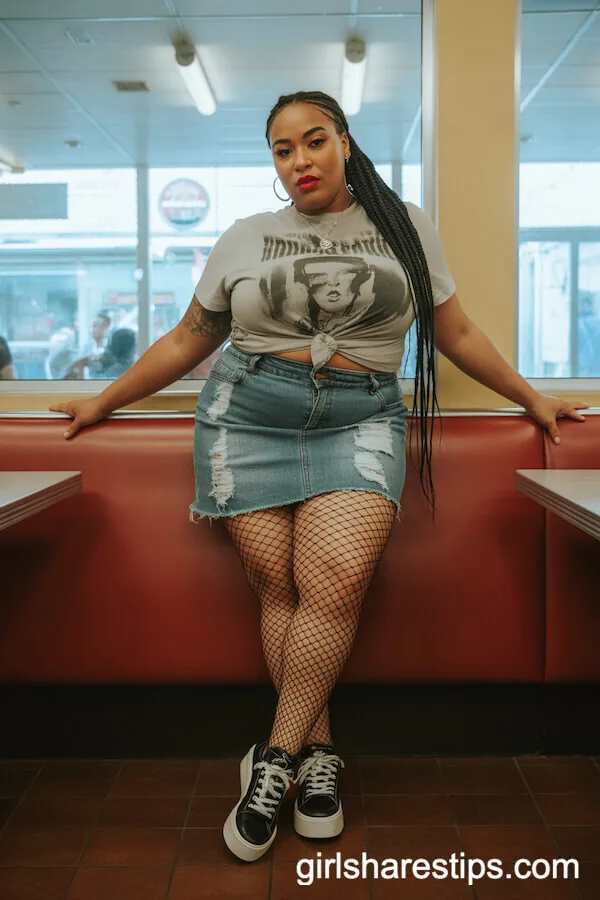 Distressed Denim Mini Skirt Tied Graphic Crop Tee