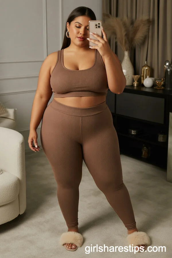 Brown Ribbed Crop Top and Matching Leggings