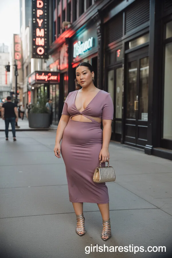 Mauve Cut-Out Midi Dress with Strappy Metallic Heels