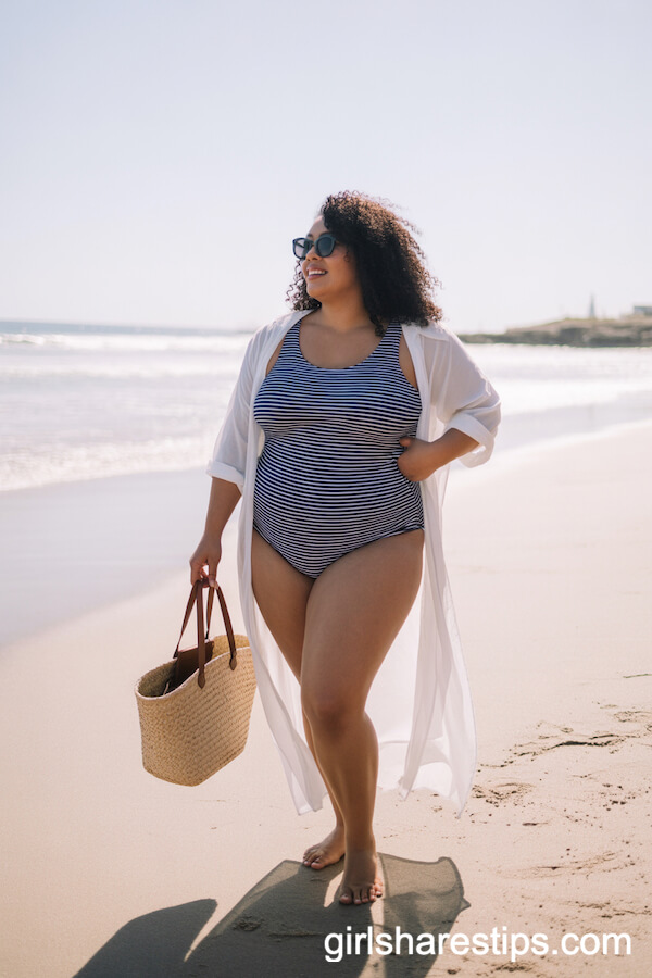 Navy Striped Swimsuit and Sheer Sarong Beach Look