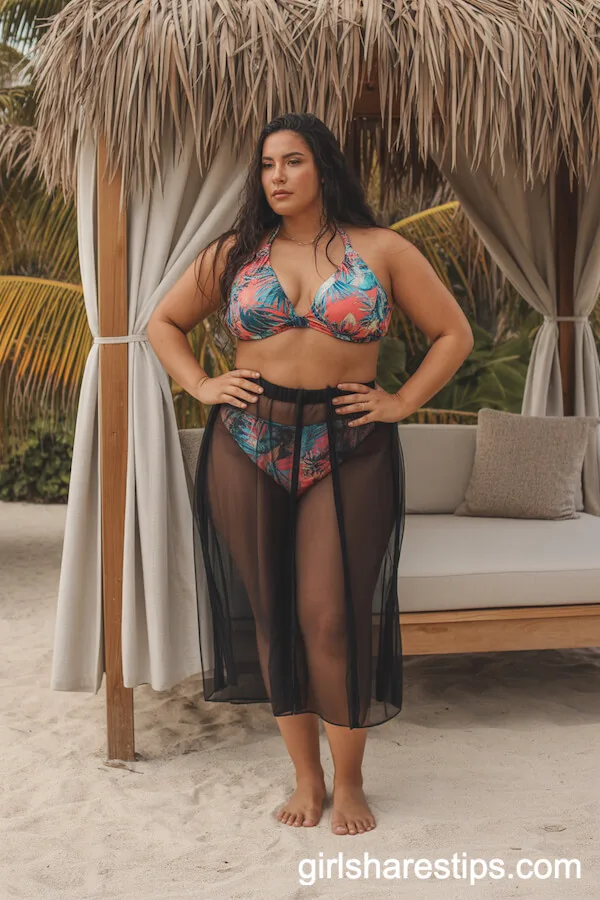 Tropical Print Bikini with Sheer Midi Skirt