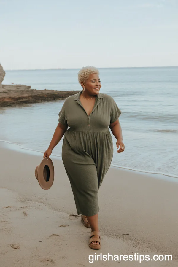 Olive Green Cotton Jumpsuit with Tan Sandals