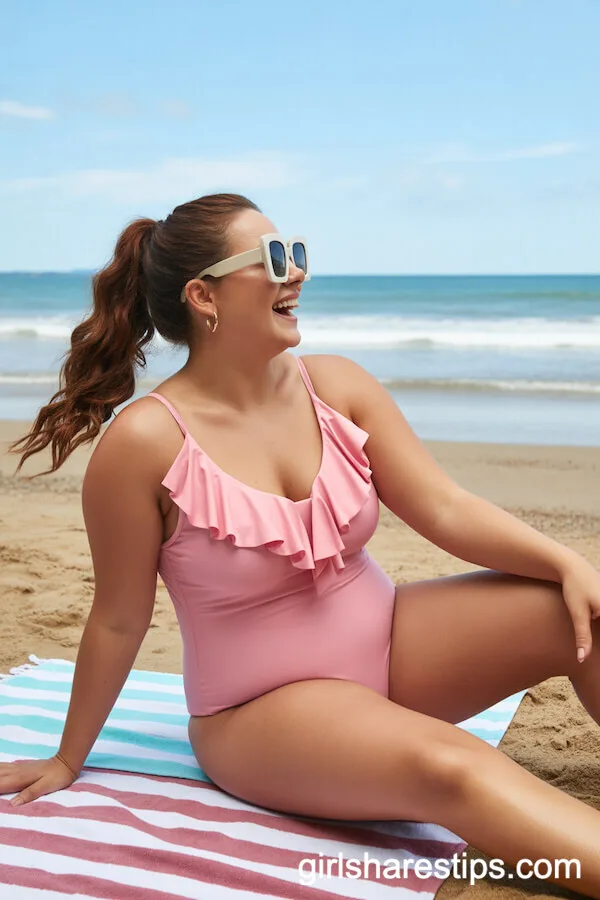 Pink Ruffle Swimsuit: A playful and feminine swimsuit featuring delicate ruffles along the neckline and hem, adding a flirty touch to your beach look. The soft pink hue enhances a sun-kissed glow, while the adjustable ties ensure a customizable fit for comfort and style.
Oversized Sunglasses Style: Bold, retro-inspired frames with wide lenses that offer both sun protection and a chic statement. The exaggerated shape adds a touch of glamour, perfect for pairing with beachwear or casual outfits for an effortlessly stylish vibe.