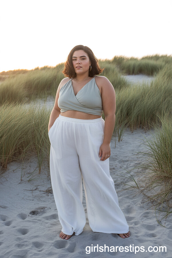 White Linen Pants with Sage Wrap Crop Top