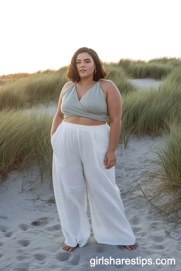 White Linen Pants with Sage Wrap Crop Top