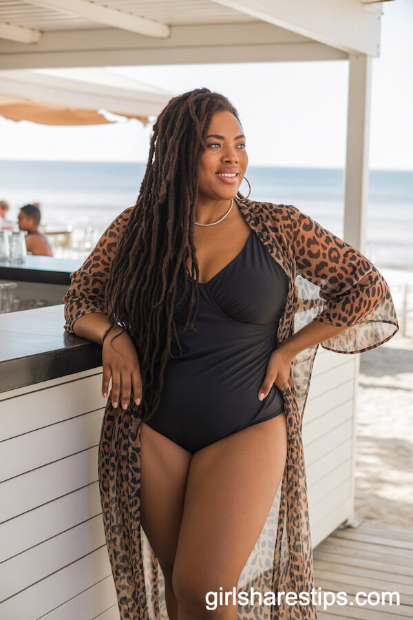 Black Swimsuit with Animal Print Kimono Cover-Up
