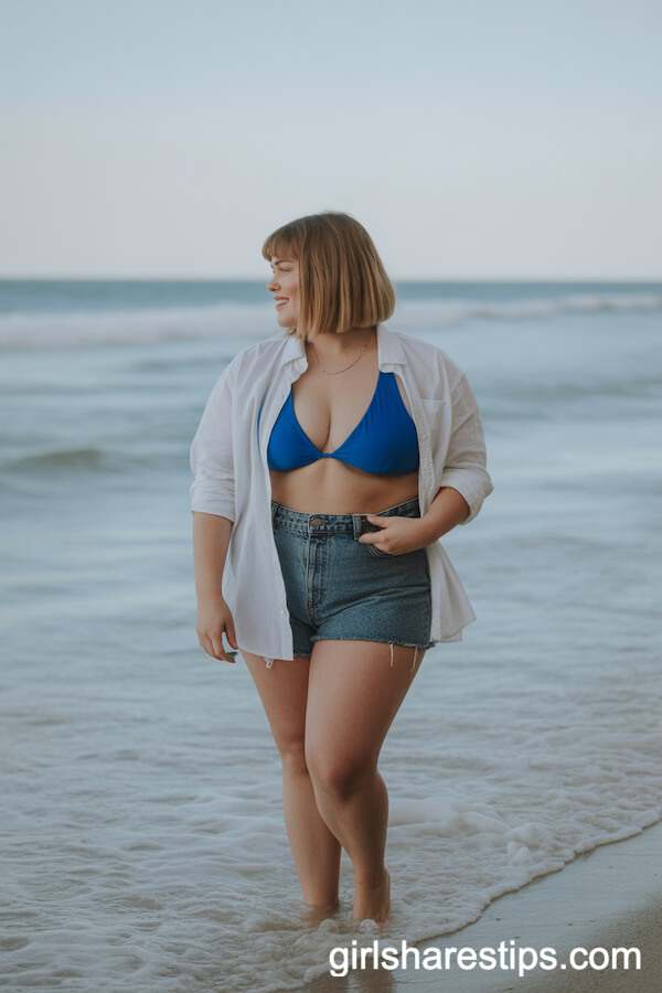 Blue Bikini with White Button-Down and Denim Cut-Offs