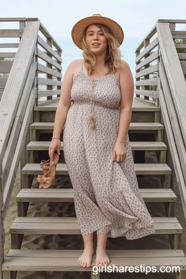 Floral Bohemian Maxi Dress with Straw Hat Ensemble