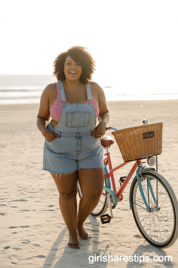 Denim Overall Shorts over Striped Bikini Top
