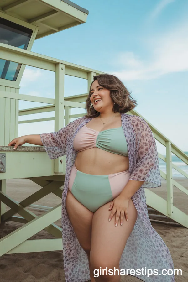 Pastel High-Waisted Bikini Long Floral Kimono Style
