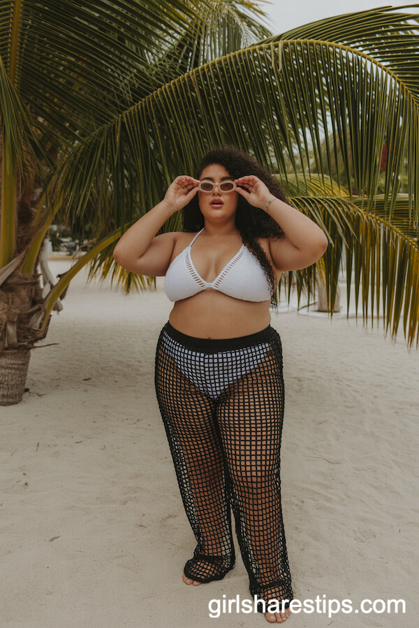 White Crochet Bikini Top Black Mesh Beach Pants