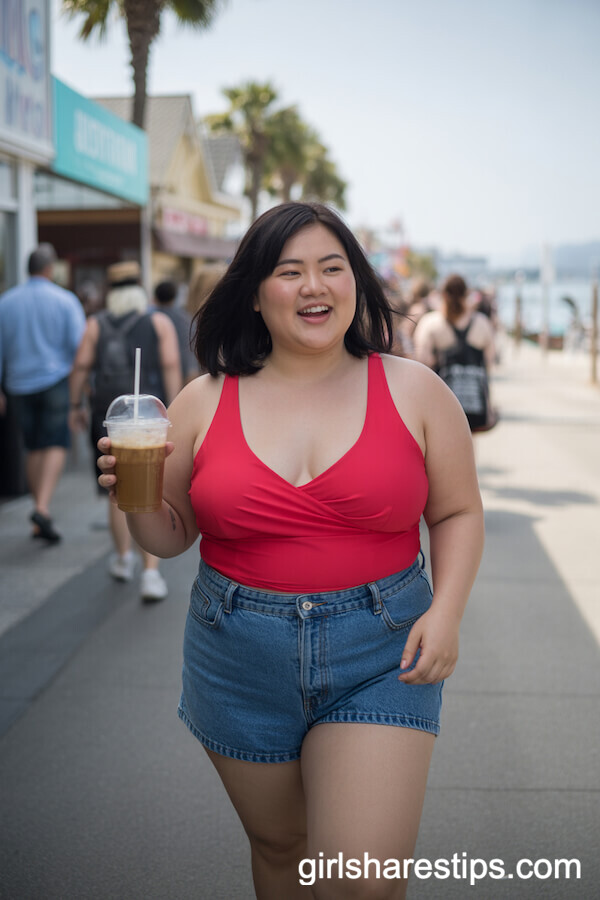 Bold Red Tankini with Classic Denim Shorts Outfit