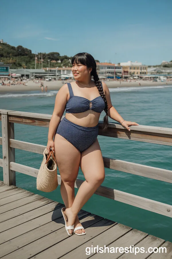 Navy Polka Dot Bikini Set with Straw Beach Bag