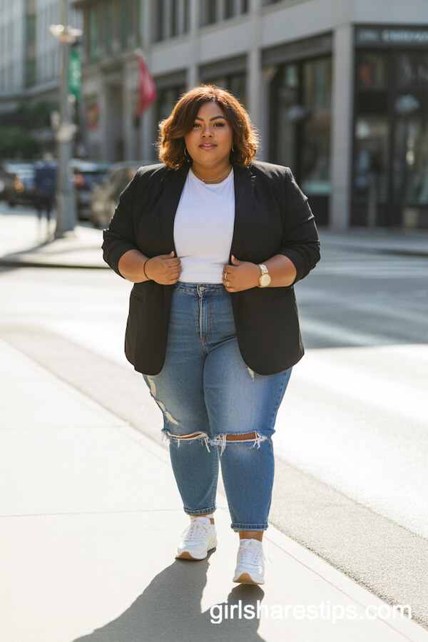 Urban Casual: Black Blazer with White Tee and Distressed Jeans