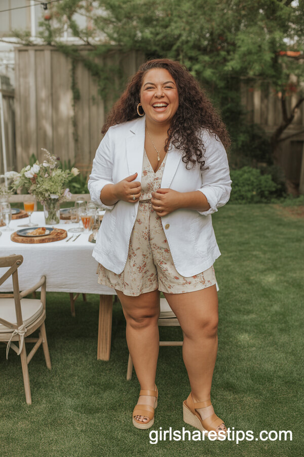 Backyard Brunch: White Linen Blazer with Floral Romper