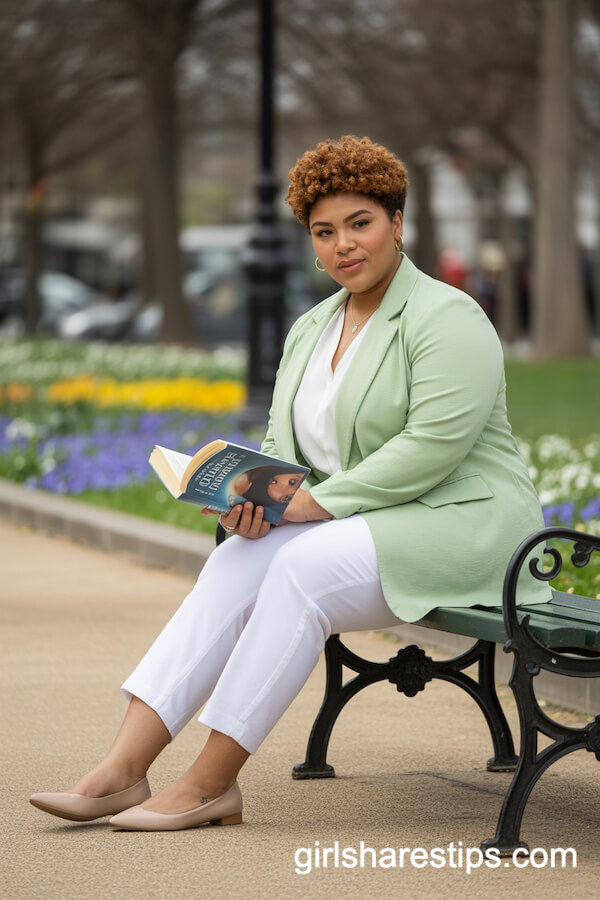 Springtime Bookworm: Mint Green Blazer with White Pants