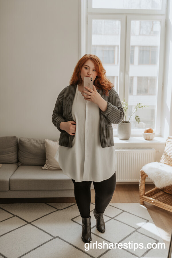 Cozy Living Room Look: Gray Knit Blazer with Black Leggings