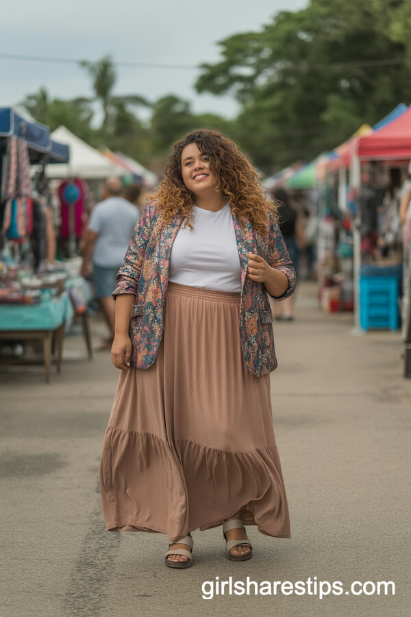 Flea Market Boho: Colorful Floral Blazer with Maxi Skirt