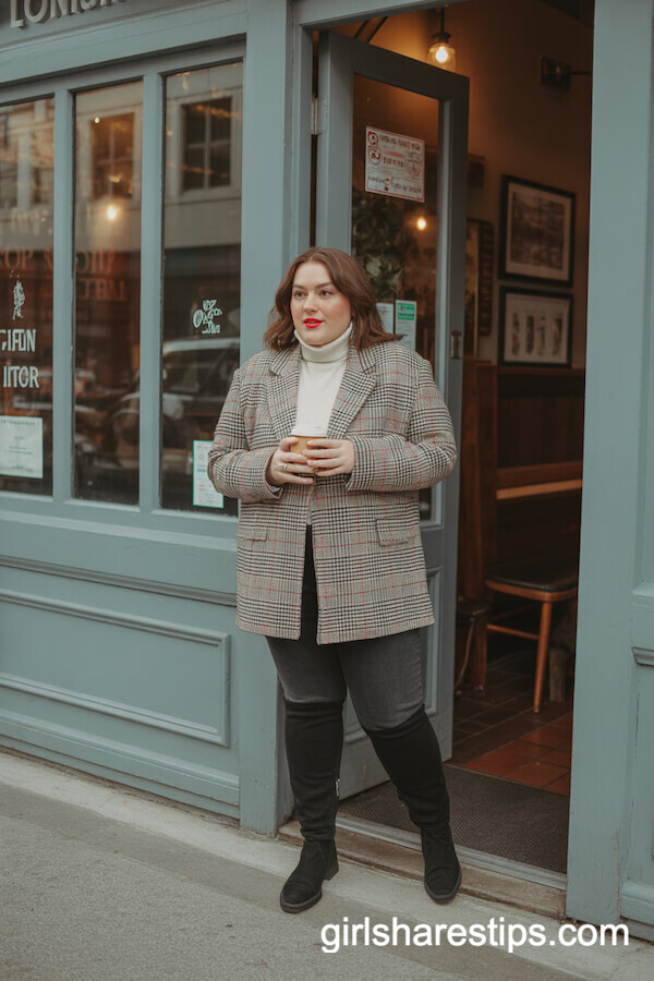Winter Coffee Shop: Plaid Wool Blazer with Skinny Jeans