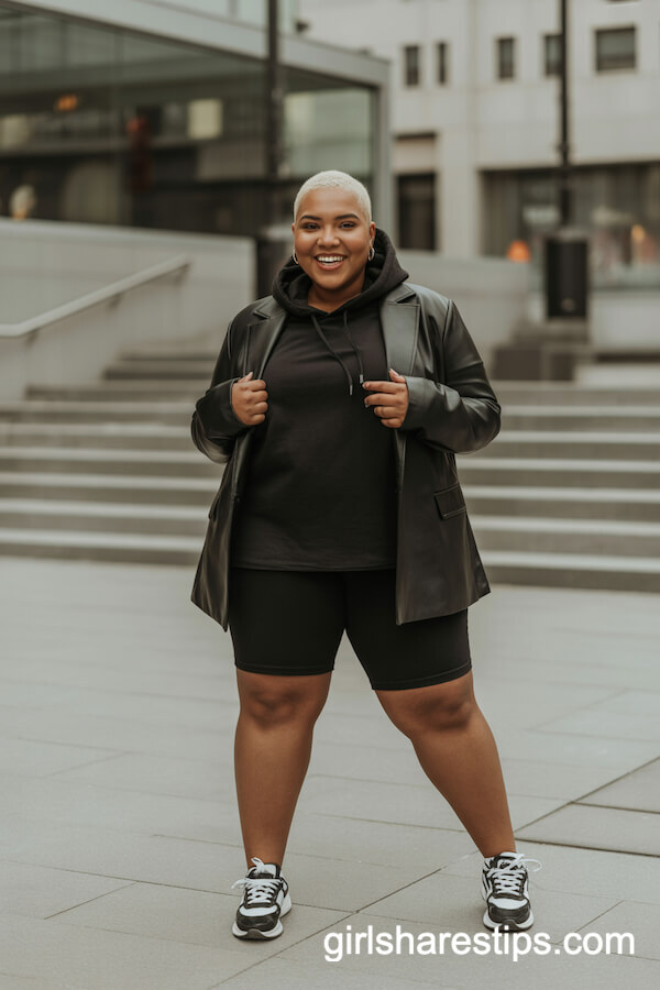 Urban Edge: Black Faux Leather Blazer with Biker Shorts