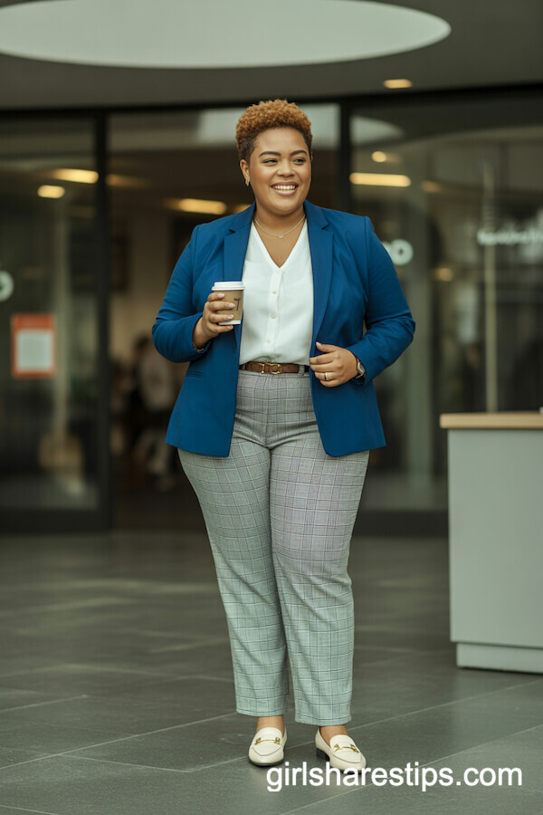 Office Chic: Navy Blue Blazer with Plaid Trousers