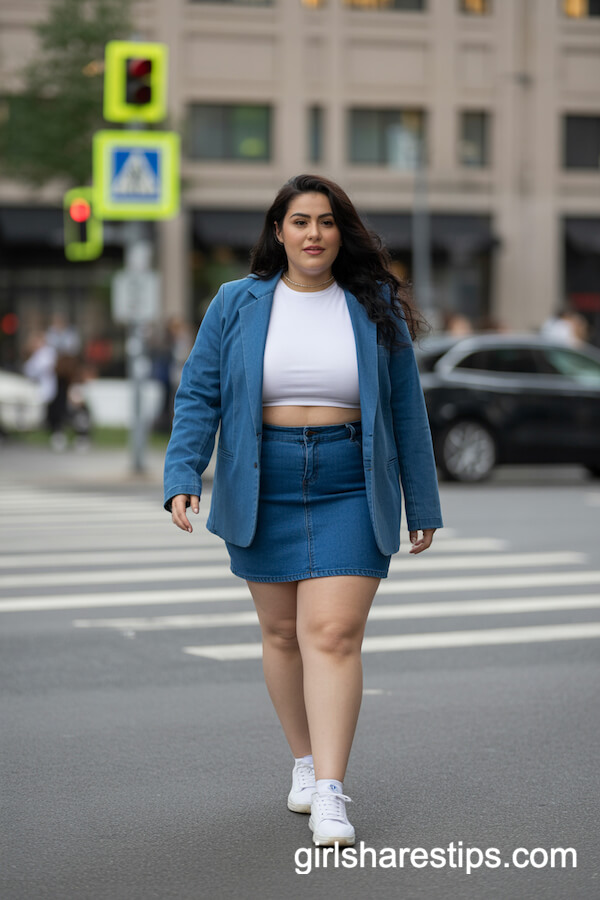Blue Denim Blazer with Denim Skirt