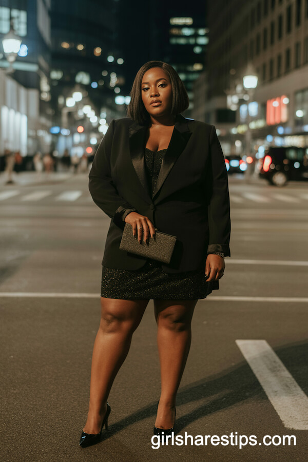 Nighttime Elegance: Classic Black Blazer with Cocktail Dress