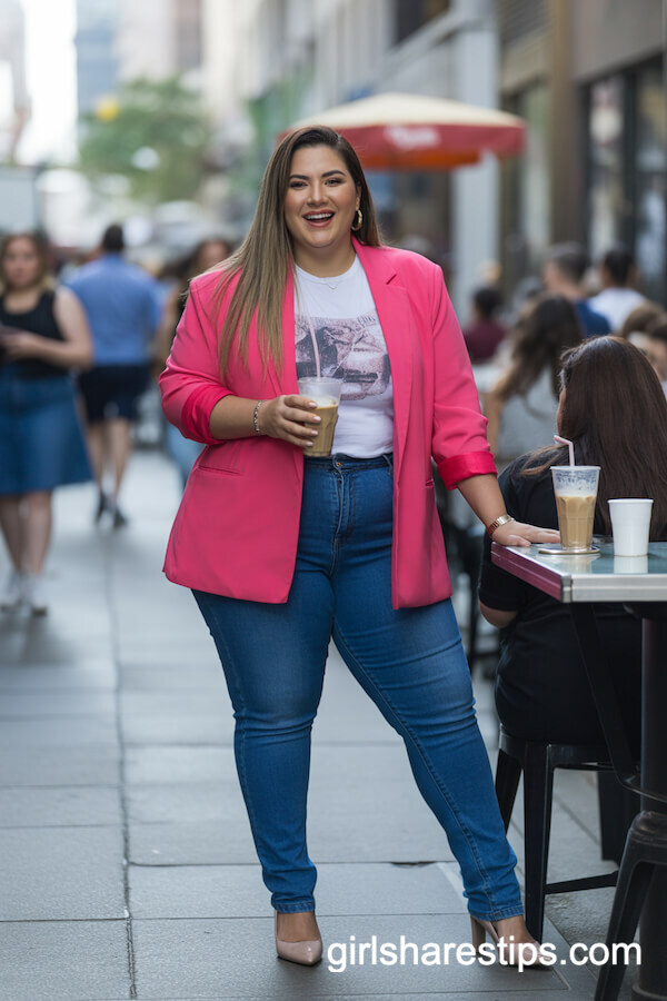 Vibrant Caf&eacute; Look: Bright Pink Blazer with Graphic Tee and Skinny Jeans