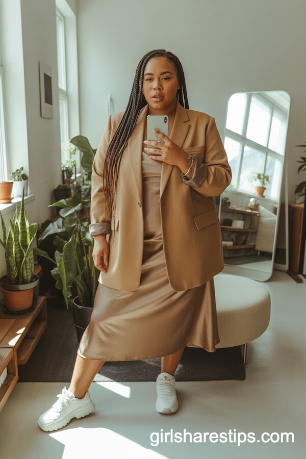 Cozy Home Vibes: Oversized Camel Blazer with Satin Slip Dress