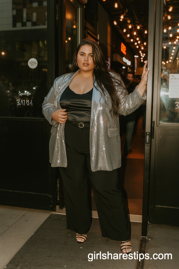 Nightlife Glam: Silver Sequin Blazer with Wide-Leg Trousers