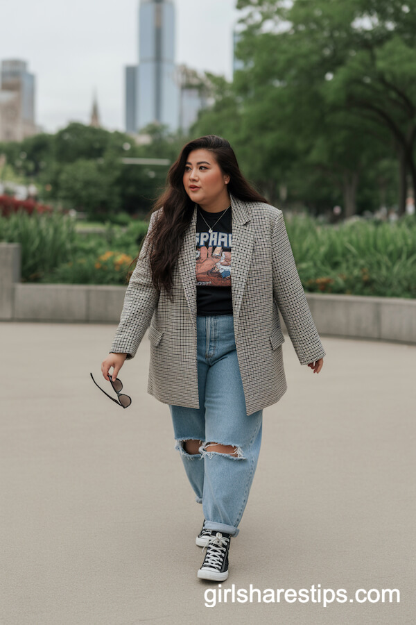 Park Stroll: Checked Blazer with Graphic Tee and Ripped Jeans