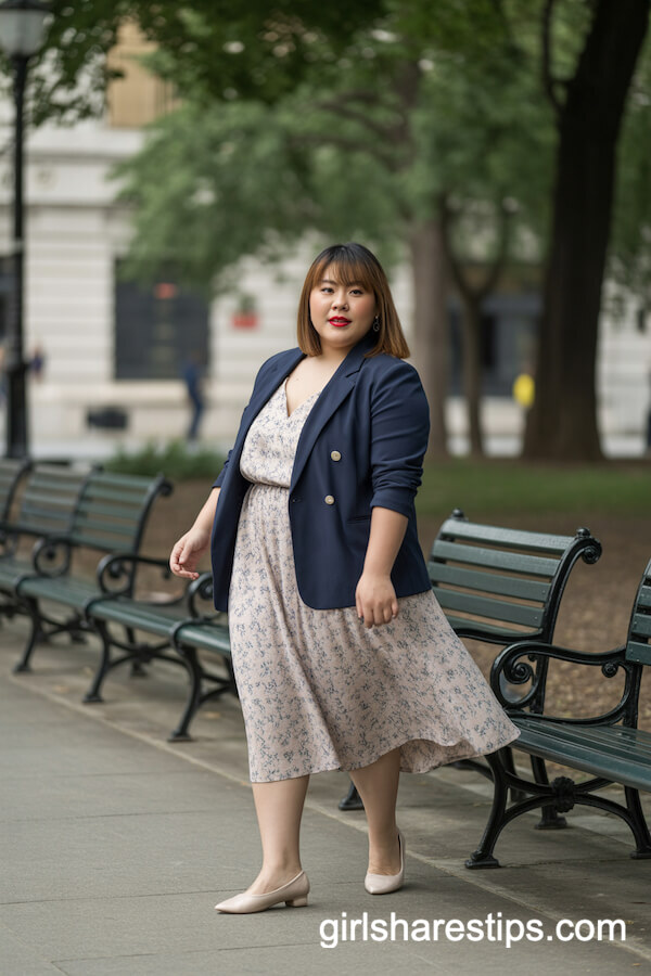 Elegant Park Ensemble: Navy Blazer with Print Midi Dress