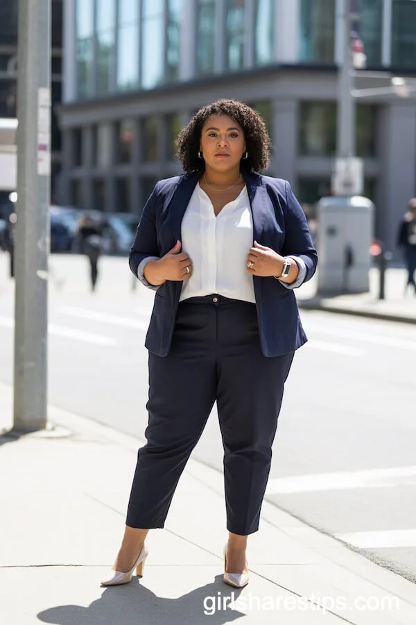 Navy Blazer and Black Ankle Pants with a White Blouse