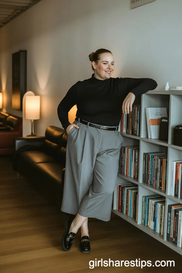 Black Turtleneck and Gray Culottes Combo