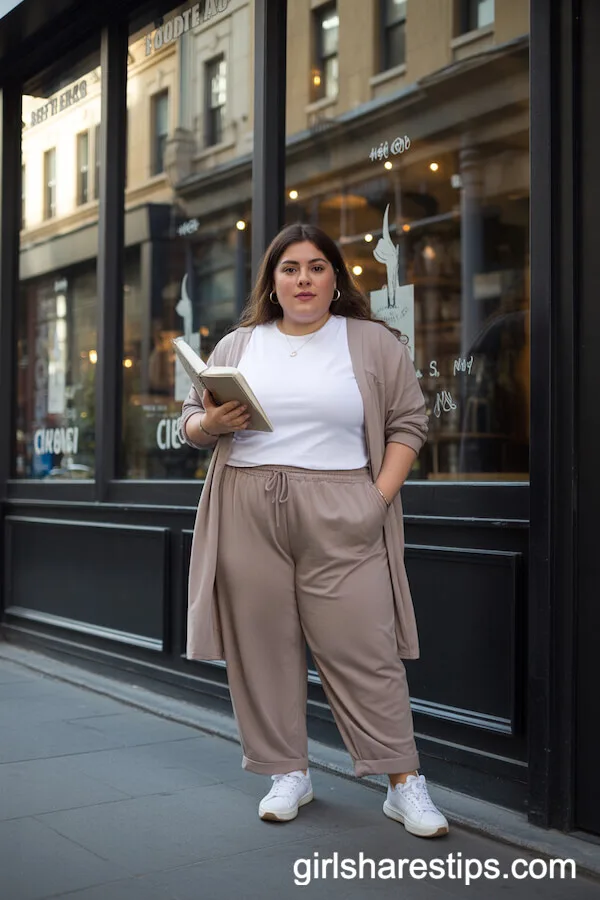 Drawstring Trousers Beige Cardigan White Sneakers
