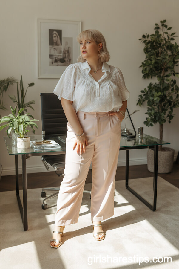 Blush Tailored Pants Ruffled White Blouse