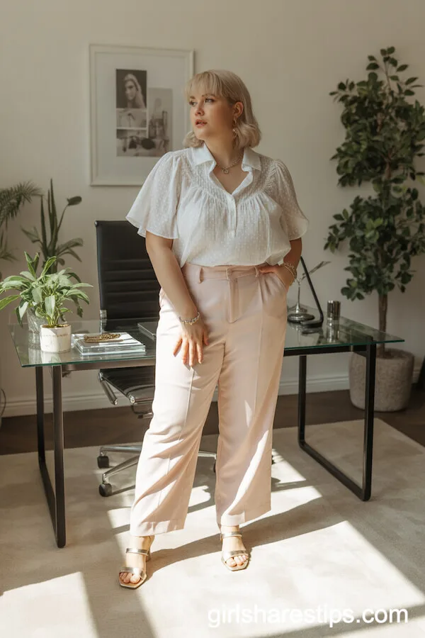 Blush Tailored Pants Ruffled White Blouse