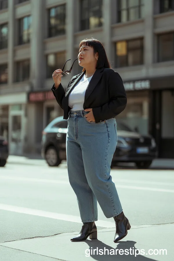 Cropped Blazer with High-Waisted Jeans and Ankle Boots