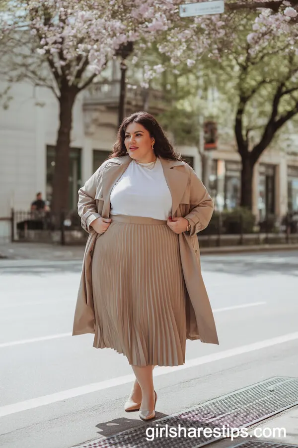 Pleated Midi Skirt Trench Coat Kitten Heels