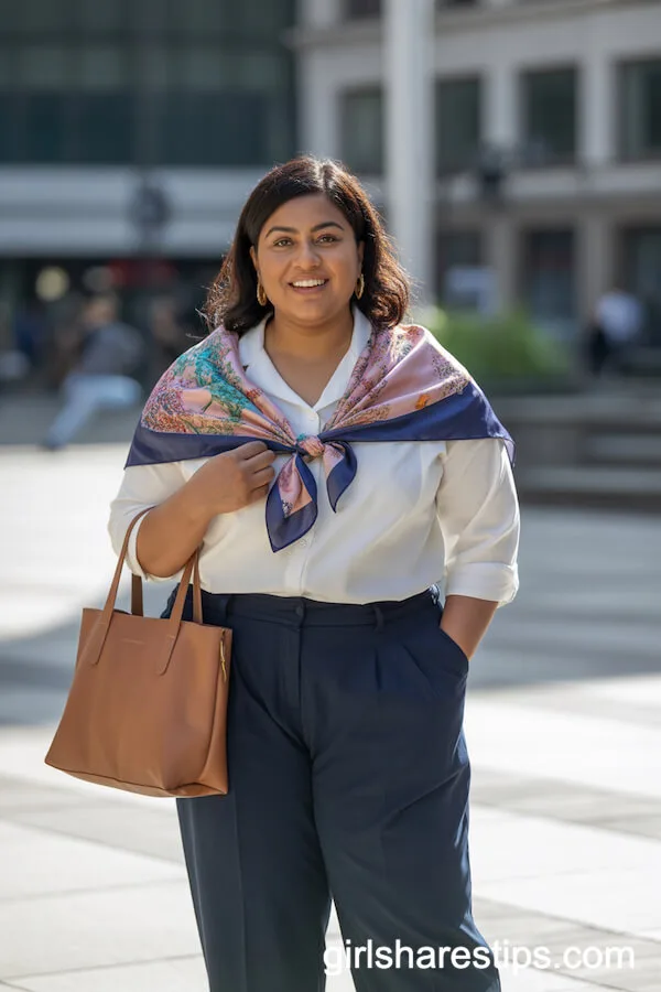 Tailored White Blouse Navy Trousers Statement Scarf