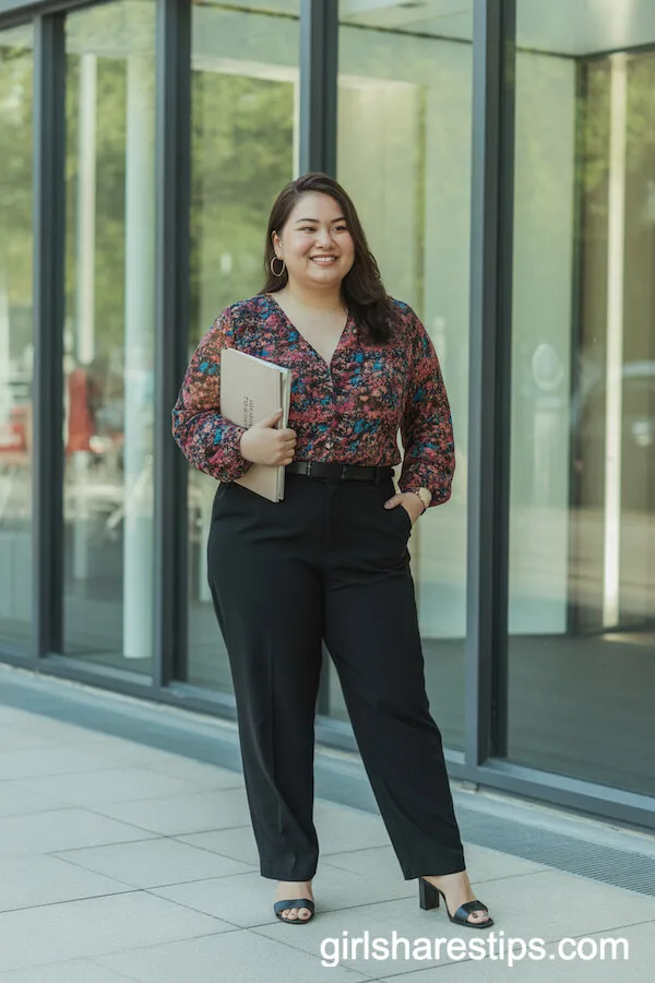 Vibrant Printed Blouse Classic Black Trousers
