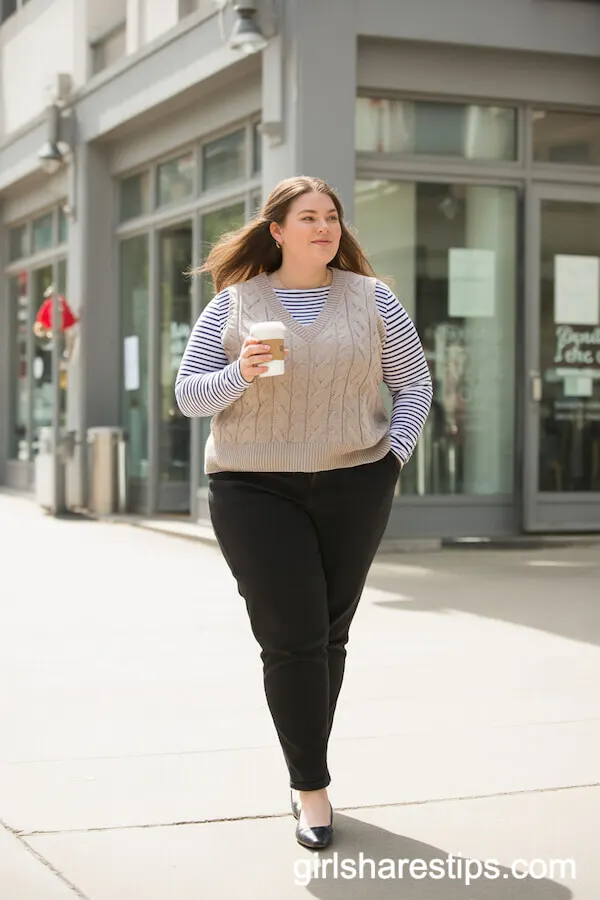Sweater Vest Layered Over Stripes with Slim Pants