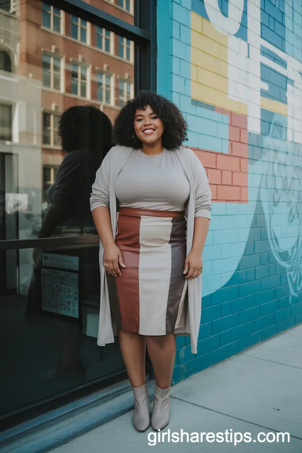 Color-Blocked Pencil Skirt and Open Cardigan Ensemble