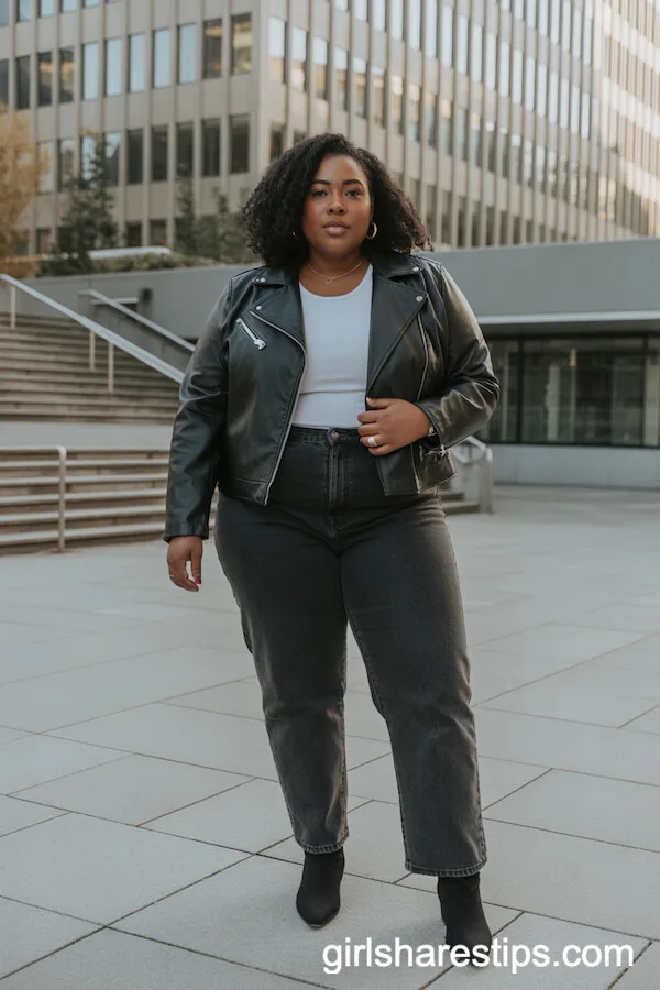 Leather Biker Jacket with Straight-Leg Jeans and Ankle Boots