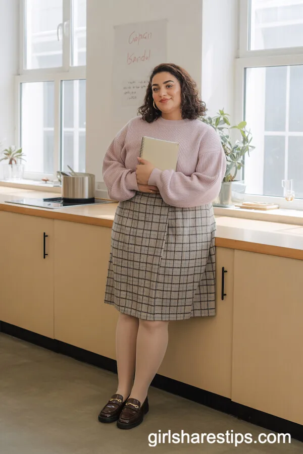 Pastel Sweater and Plaid Skirt Ensemble