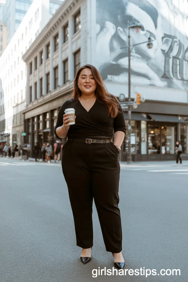 All-Black Monochrome Look with Tailored Pants and Wrap Top