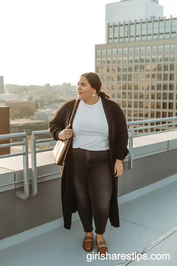 Long Cardigan, White Tee, Skinny Jeans
