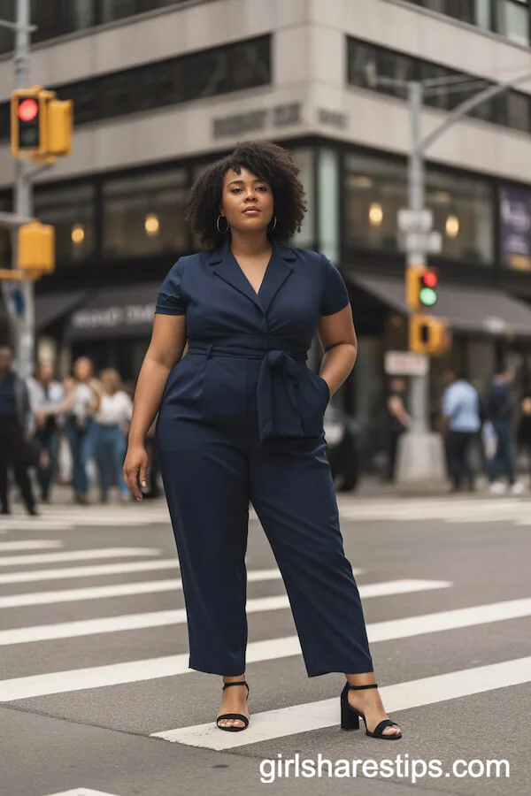 Navy Jumpsuit with Tie Waist and Block-Heeled Sandals