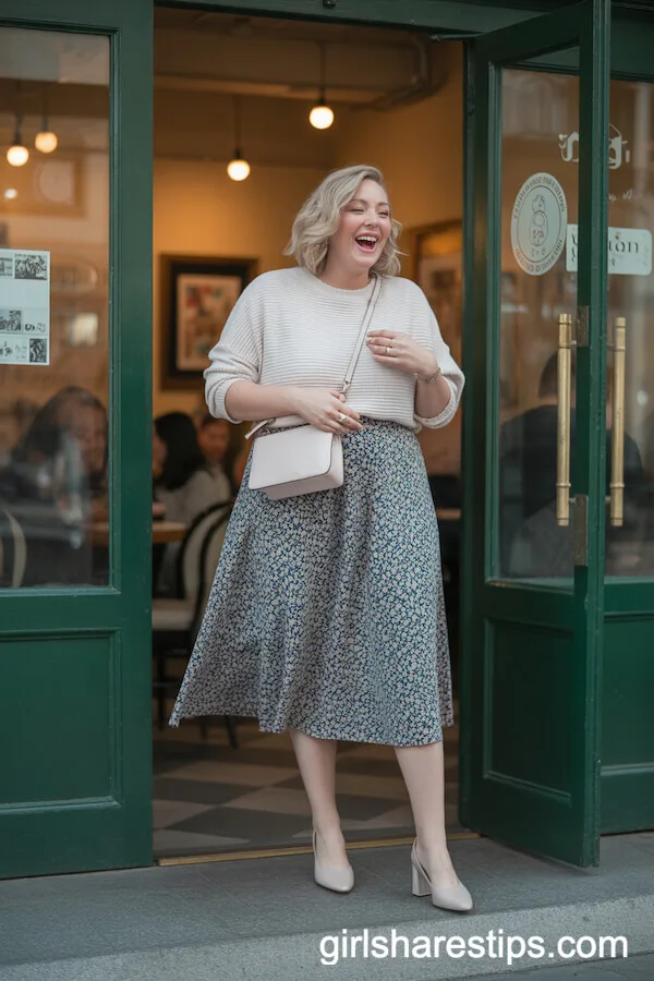 Floral Midi Skirt with Tucked Knit Top
